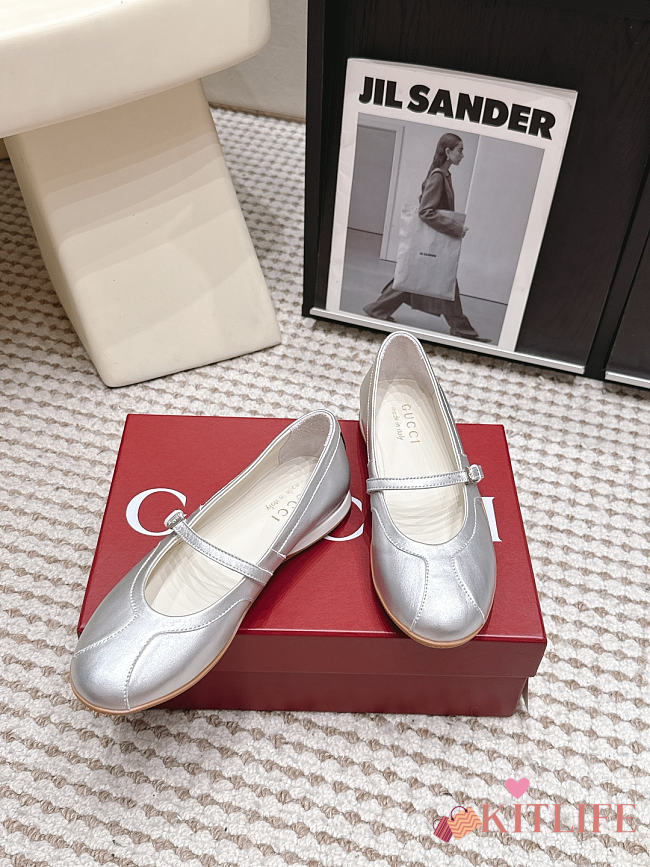 Kitlife Gucci Calf Leather Ballet Flat Shoes Silver - 1