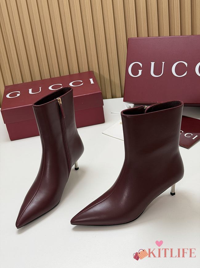 Kitlife Gucci Horsebit Ankle Boots Burgundy with Gold-Tone Plated Stiletto Heels - 1