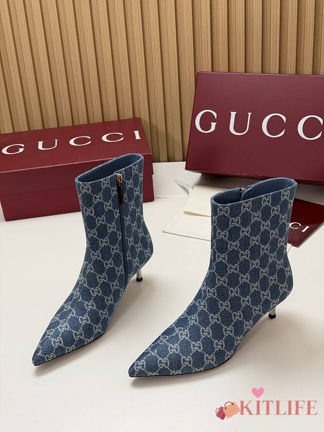 Kitlife Gucci Ankle Boots Blue Denim with Silver-Tone Plated Stiletto Heels - 1