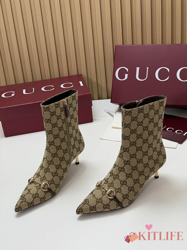 Kitlife Gucci Horsebit Ankle Boots Beige Canvas With Gold-Tone Plated Stiletto Heels  - 1