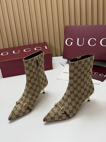 Kitlife Gucci Horsebit Ankle Boots Beige Canvas With Gold-Tone Plated Stiletto Heels 