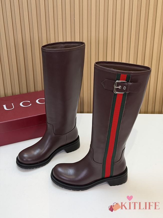 Kitlife Gucci Women's Biker Boot with Web Dark Brown - 1