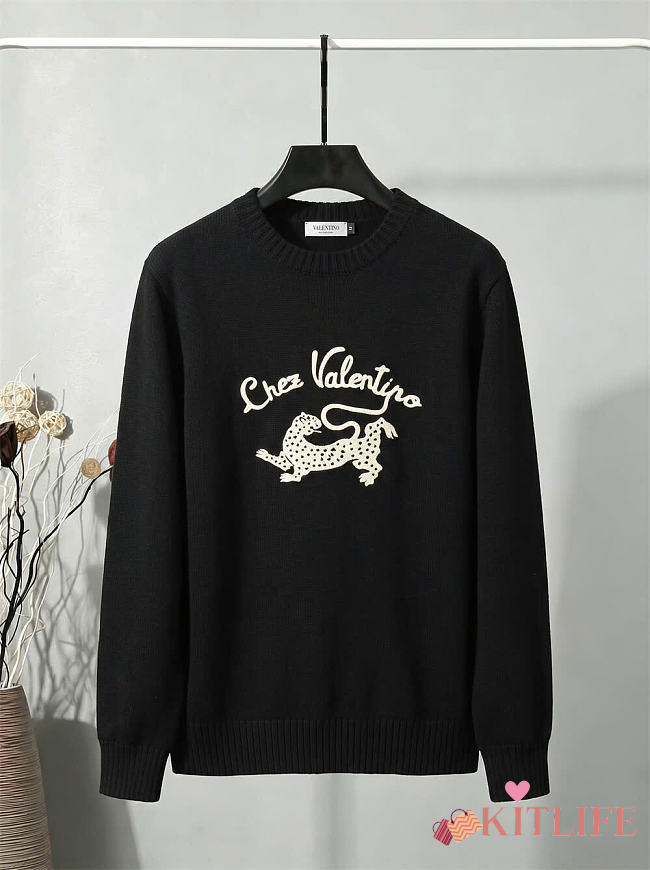 Kitlife Valentino Small Leopard Logo Embroidered Crew-Neck Sweater Black - 1
