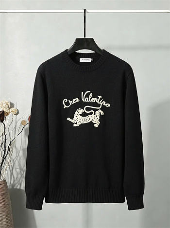 Kitlife Valentino Small Leopard Logo Embroidered Crew-Neck Sweater Black