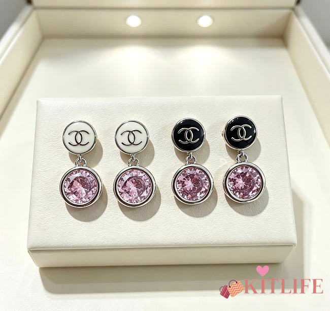 Kitlife Chanel Vintage Double-C Stud Earrings Pink in Silver / Black  - 1
