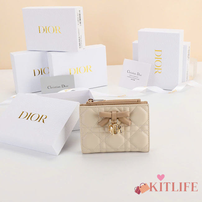 Kitlife Dior Qixi Lady Dahlia Wallet Two-Tone Beige Cannage Lambskin 12×9×2cm - 1