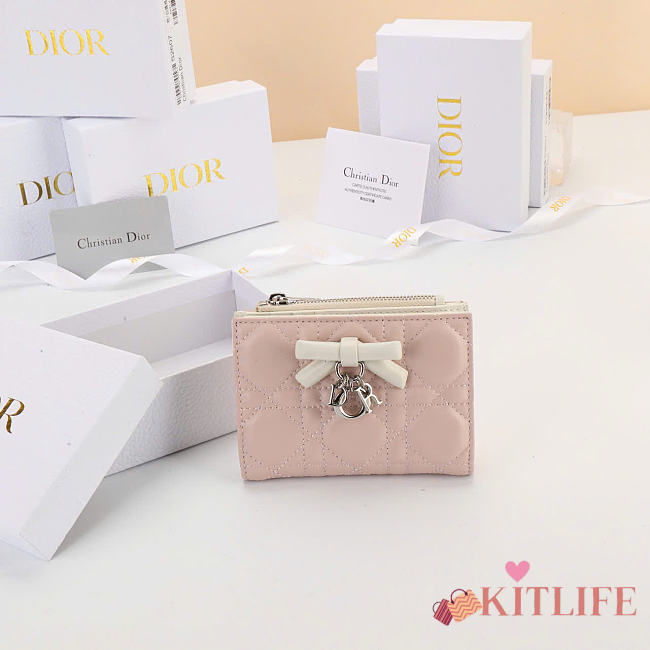Kitlife Dior Qixi Lady Dahlia Wallet Two-Tone White & Pink Cannage Lambskin 12×9×2cm - 1
