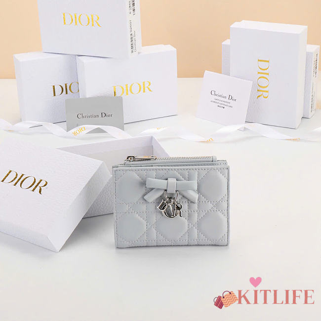 Kitlife Dior Qixi Lady Dahlia Wallet Gray Cannage Lambskin 12×9×2cm - 1