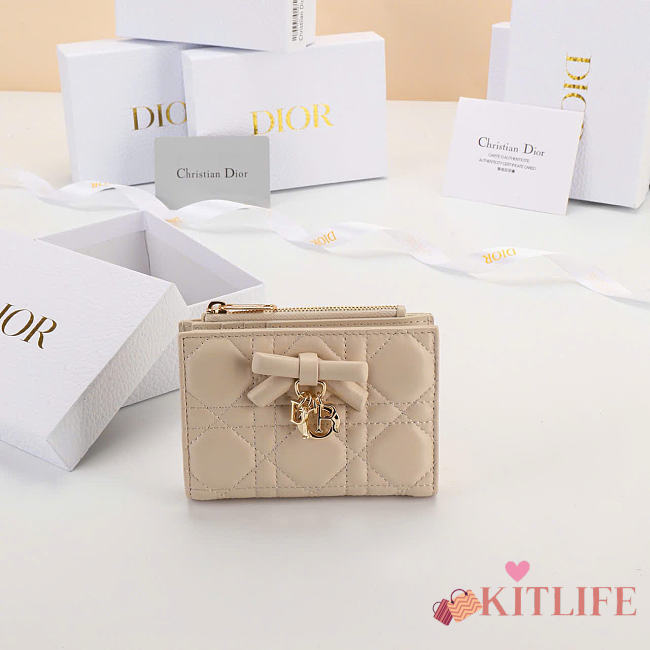 Kitlife Dior Qixi Lady Dahlia Wallet Beige Cannage Lambskin 12×9×2cm  - 1
