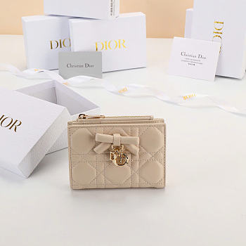 Kitlife Dior Qixi Lady Dahlia Wallet Beige Cannage Lambskin 12×9×2cm 