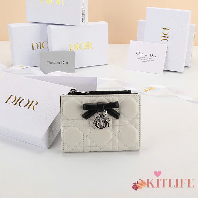 Kitlife Dior Qixi Lady Dahlia Wallet Two-Tone Black & White Cannage Lambskin 12×9×2cm - 1