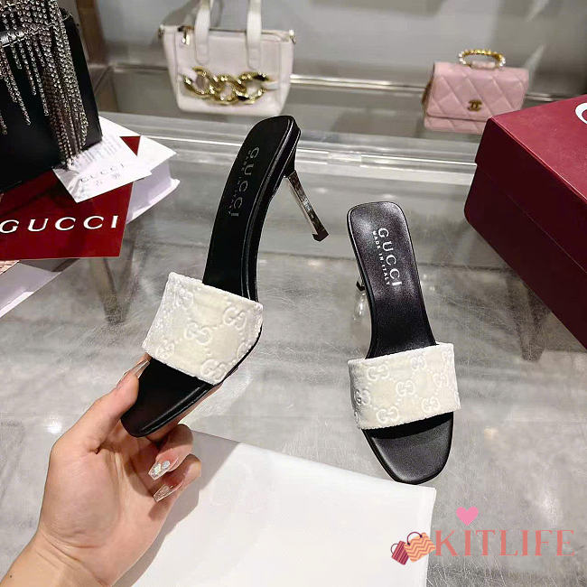 Kitlife Gucci Women's Bombshell Slide Sandal White GG Velvet - 1