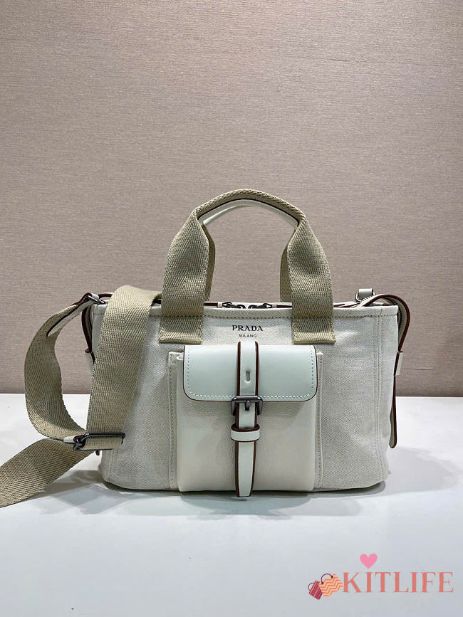 Kitlife Prada Route Medium White Canvas & Leather Tote Bag 1BG660 28x21x13cm - 1