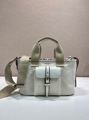 Kitlife Prada Route Medium White Canvas & Leather Tote Bag 1BG660 28x21x13cm