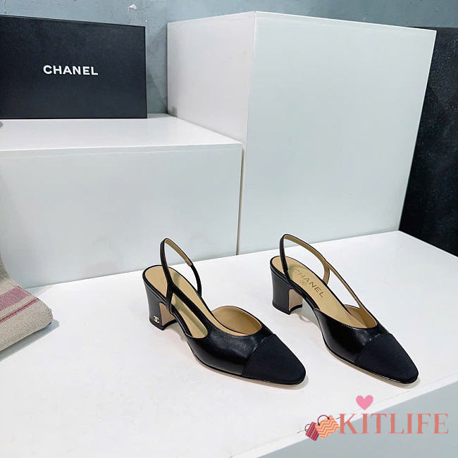 Kitlife Chanel Black Calfskin Cap Toe CC Slingback Pumps 65mm - 1