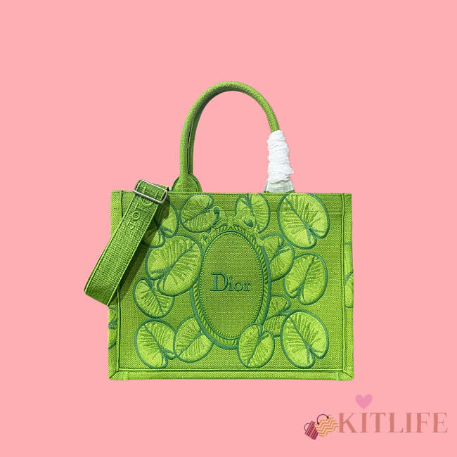 Kitlife Dior Medium Book Tote with Strap Green Dior Water Lily Embroidery and Dior Médaillon 36x27.5x16.5cm - 1