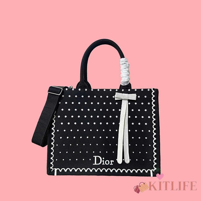 Kitlife Dior Medium Book Tote with Strap Black and White PolkaDior Embroidery 36x27.5x16.5cm - 1