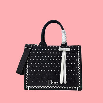 Kitlife Dior Medium Book Tote with Strap Black and White PolkaDior Embroidery 36x27.5x16.5cm