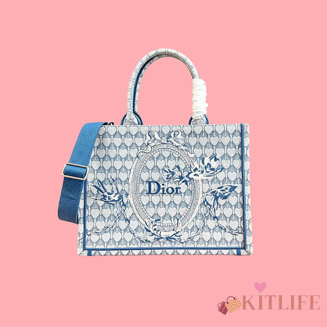 Kitlife Dior Qixi Medium Book Tote with Strap Blue Dior Colibri Embroidery and Dior Médaillon 36x27.5x16.5cm - 1