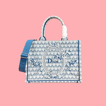 Kitlife Dior Qixi Medium Book Tote with Strap Blue Dior Colibri Embroidery and Dior Médaillon 36x27.5x16.5cm