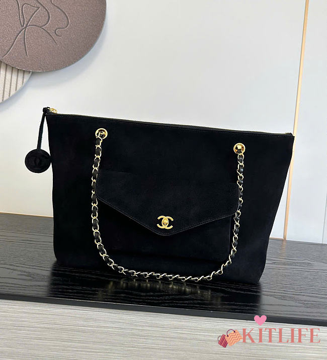 Kitlife Chanel Clair CC Front Pocket Chain Tote Bag Black Suede 22x35x11cm - 1