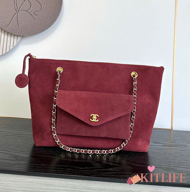 Kitlife Chanel Clair CC Front Pocket Chain Tote Bag Burgundy Suede 22x35x11cm - 1