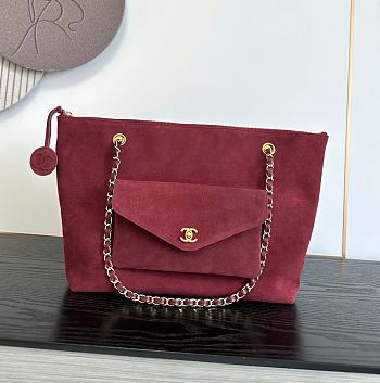 Kitlife Chanel Clair CC Front Pocket Chain Tote Bag Burgundy Suede 22x35x11cm