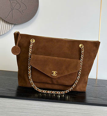 Kitlife Chanel Clair CC Front Pocket Chain Tote Bag Brown Suede 22x35x11cm