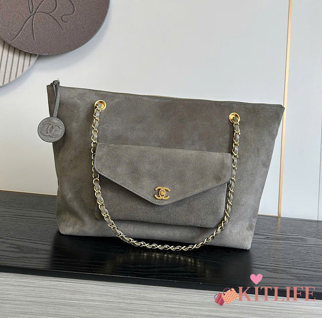 Kitlife Chanel Clair CC Front Pocket Chain Tote Bag Gray Suede 22x35x11cm - 1