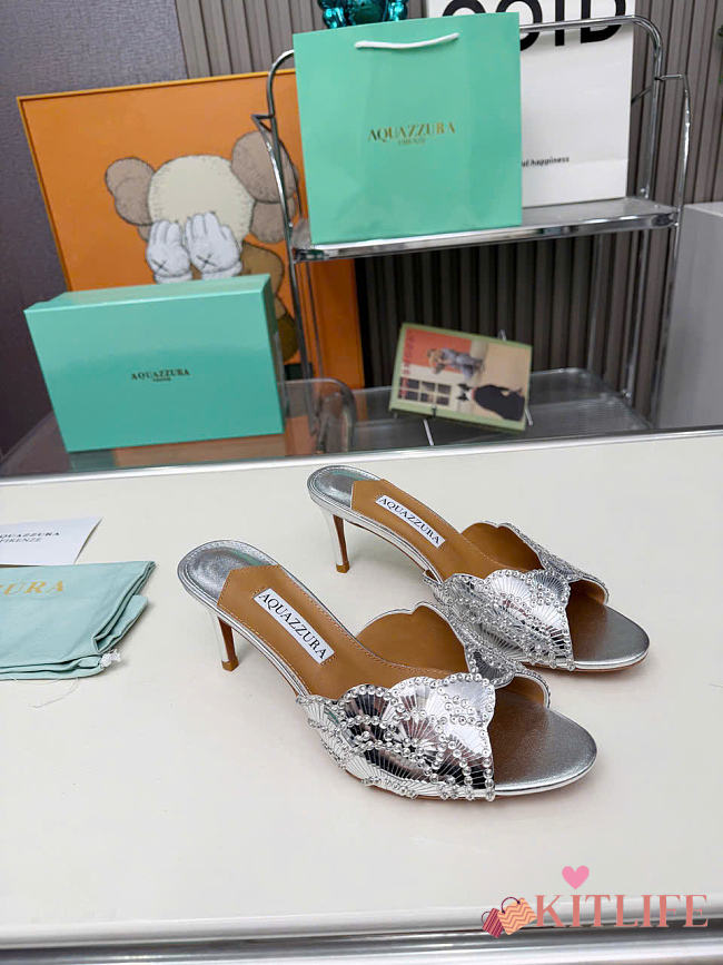 Kitlife Aquazzura Ce Soir Embellished Silver Metallic Leather Mule 75mm - 1