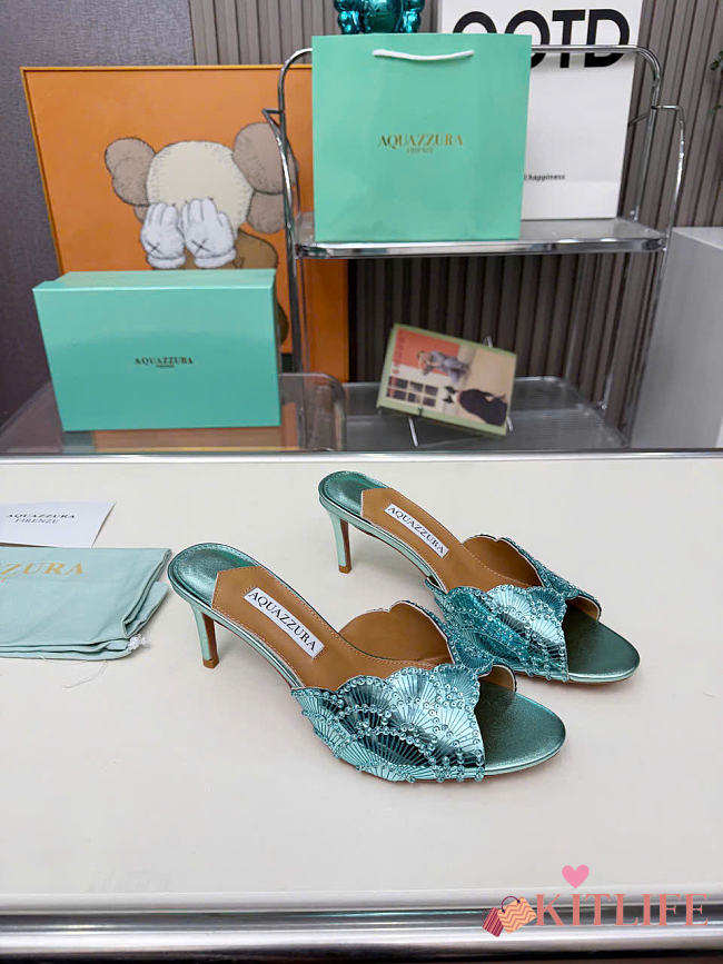 Kitlife Aquazzura Ce Soir Embellished Green Metallic Leather Mule 75mm  - 1