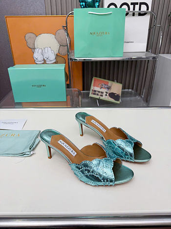 Kitlife Aquazzura Ce Soir Embellished Green Metallic Leather Mule 75mm 