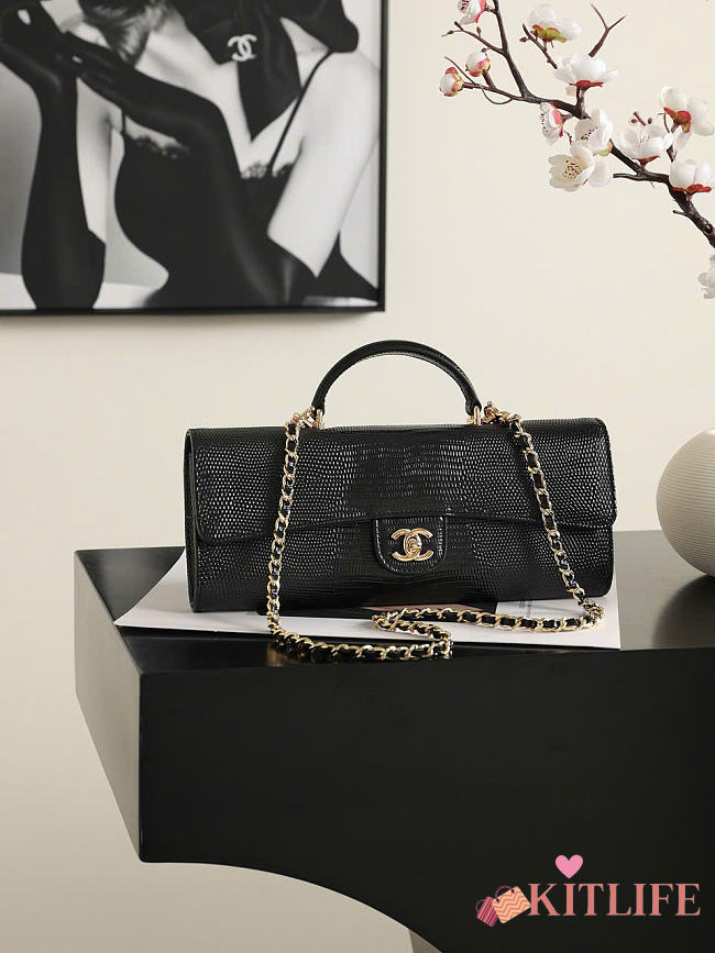 Kitlife Chanel Party Bag With Chain Black Calfskin With Lizard Effect AP5280 25x9.5x5cm - 1