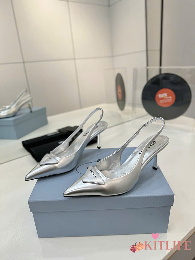 Kitlife Prada Brushed Leather Slingback Pumps Silver 75 mm - 1