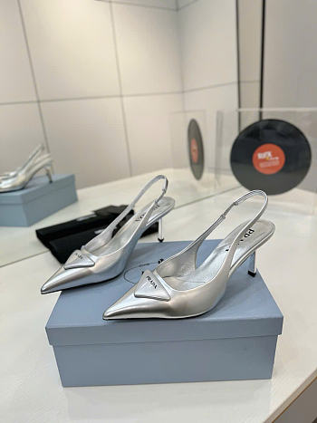 Kitlife Prada Brushed Leather Slingback Pumps Silver 75 mm