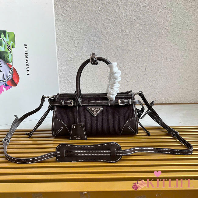 Kitlife Prada Bonnie Small Dark Brown Corduroy And Leather Handbag 1BA486 23.5x12x9cm  - 1