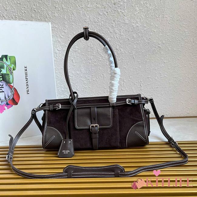 Kitlife Prada  Bonnie Medium Dark Brown Corduroy And Leather Handbag 1BA426 32x15.5x12cm - 1