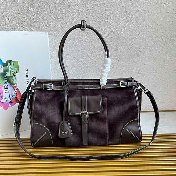 Kitlife Prada Bonnie Large Dark Brown Corduroy And Leather Handbag 1BA433 38x30x12cm