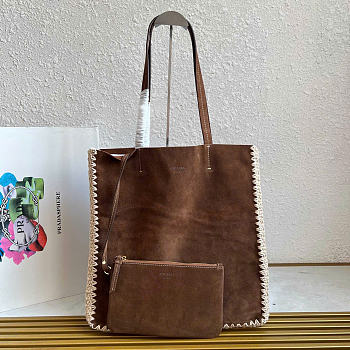 Kitlife Prada Large Suede And Crochet Tote Bag Dark Brown 1BG658 35x38x5cm