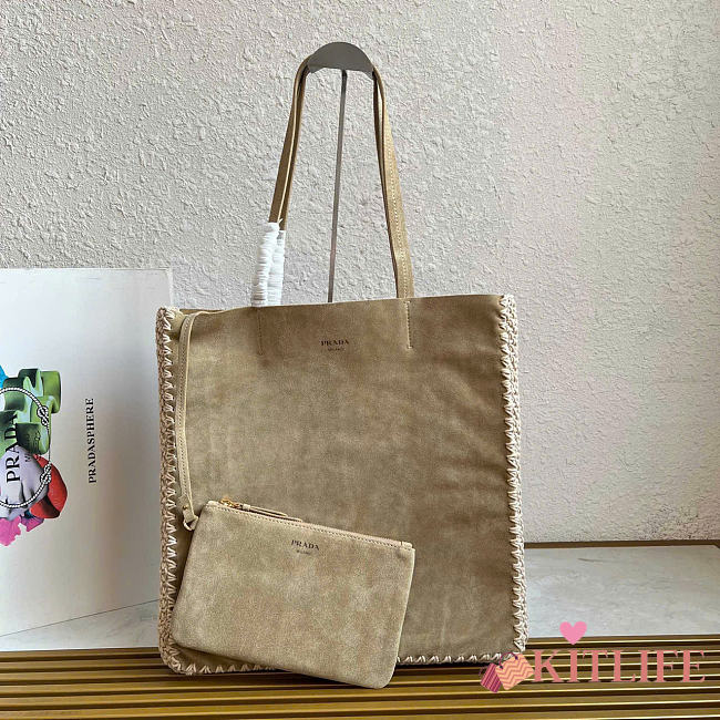 Kitlife Prada Large Suede And Crochet Tote Bag Beige 1BG658 35x38x5cm - 1