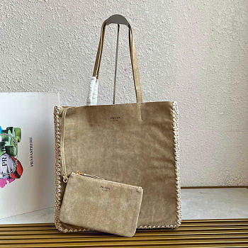 Kitlife Prada Large Suede And Crochet Tote Bag Beige 1BG658 35x38x5cm