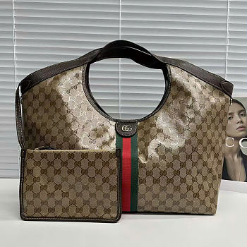 Kitlife Gucci Giglio Large Tote Bag Sand and Dark Brown Varnished GG Fabric 853971 60x47x16cm 
