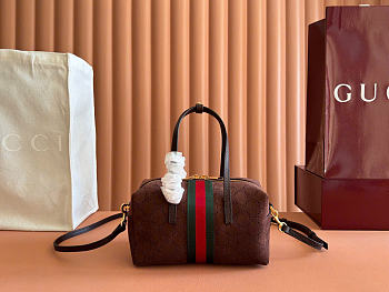 Kitlife Gucci Small Boston Bag With Web Dark Brown Soft, Perforated GG Suede A0070T 20x11x10cm