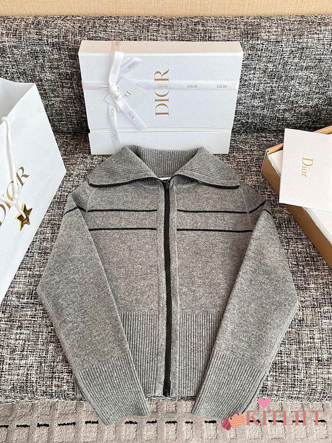 Kitlife Dior Reversible Hooded Cardigan Gray Cashmere-Blend Knit with Dior Oblique Motif - 1