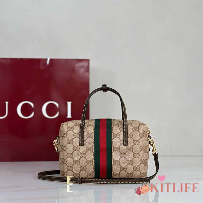 Kitlife Gucci Mini Boston Bag With Web Beige & Dark Brown GG Coated Canvas 876057 19x11x10cm - 1