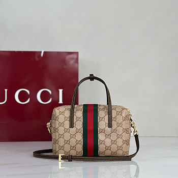 Kitlife Gucci Mini Boston Bag With Web Beige & Dark Brown GG Coated Canvas 876057 19x11x10cm