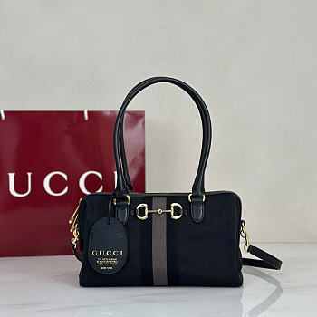 Kitlife Gucci Borsetto Medium Boston Bag Grey And Black GG Canvas 866732 28x15x10cm 