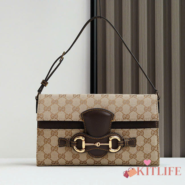 Kitlife Gucci Horsebit Ristretto Medium Shoulder Bag Beige & Dark brown GG Canvas A0020Y 26x4.5x14.5cm - 1