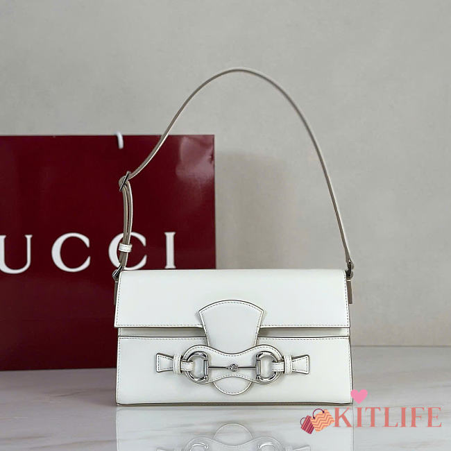 Kitlife Gucci Horsebit Ristretto Medium Shoulder Bag White Leather A0020Y 26x4.5x14.5cm - 1