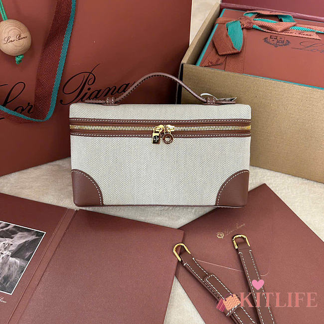 Kitlife Loro Piana Extra Pocket L19 Bag Natural Linen and Brown Leather 11x19x6.5cm - 1